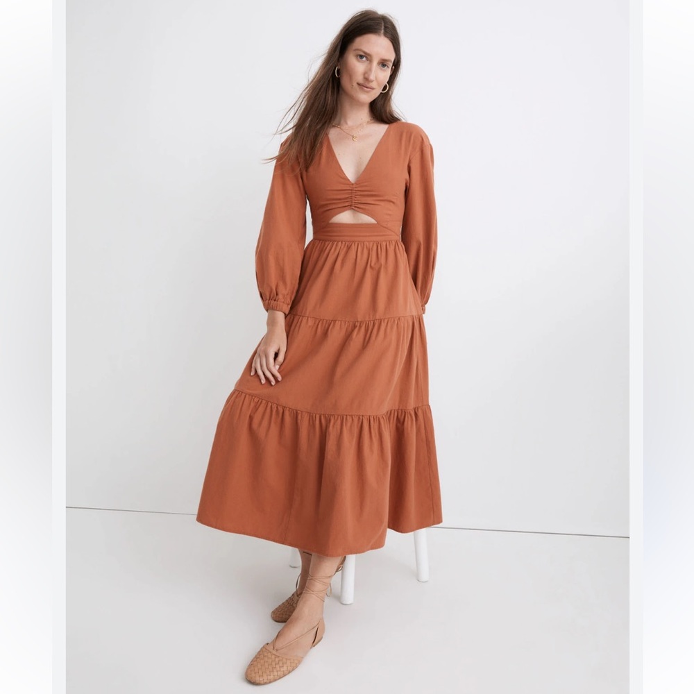 Rust Tiered Long-Sleeve Midi Dress with Cutout